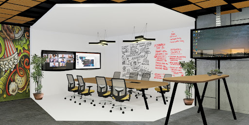Office meeting room with video screens and a writing wall